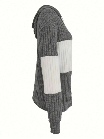 Contrast Zipper Drawstring Color Block Patchwork Hoodie, Casual Long Sleeve Ribbed Pullover Campus Style Sweatshirt, Women's Tops - Image 8