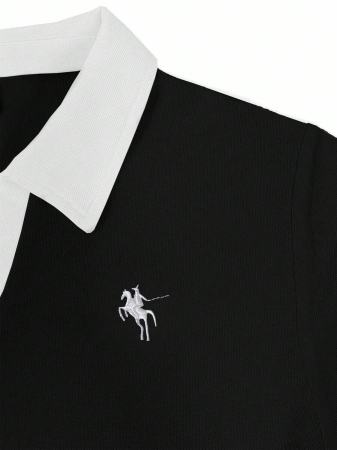 Rina Fox Ladies' Contrast Color Turndown Collar Long Sleeve Casual T-Shirt With Knight Print Fall Cloth For Women, Christmas - Image 4