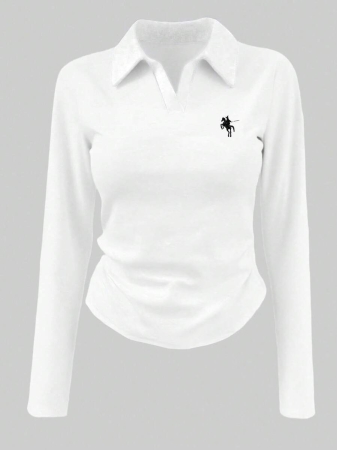 Rina Fox Ladies' Contrast Color Turndown Collar Long Sleeve Casual T-Shirt With Knight Print Fall Cloth For Women, Christmas - Image 14