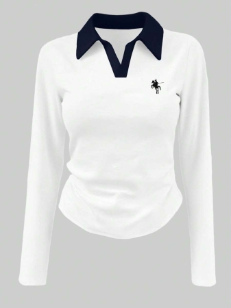 Rina Fox Ladies' Contrast Color Turndown Collar Long Sleeve Casual T-Shirt With Knight Print Fall Cloth For Women, Christmas - Image 19