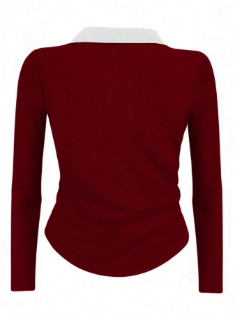 Rina Fox Ladies' Contrast Color Turndown Collar Long Sleeve Casual T-Shirt With Knight Print Fall Cloth For Women, Christmas - Image 25