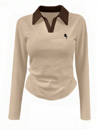 Rina Fox Ladies' Contrast Color Turndown Collar Long Sleeve Casual T-Shirt With Knight Print Fall Cloth For Women, Christmas - Image 29