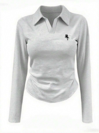 Rina Fox Ladies' Contrast Color Turndown Collar Long Sleeve Casual T-Shirt With Knight Print Fall Cloth For Women, Christmas - Image 34