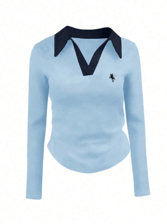 Rina Fox Ladies' Contrast Color Turndown Collar Long Sleeve Casual T-Shirt With Knight Print Fall Cloth For Women, Christmas - Image 41