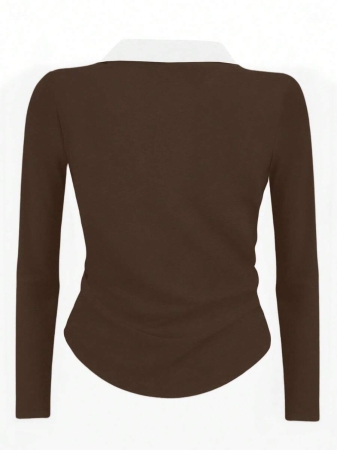 Rina Fox Ladies' Contrast Color Turndown Collar Long Sleeve Casual T-Shirt With Knight Print Fall Cloth For Women, Christmas - Image 47