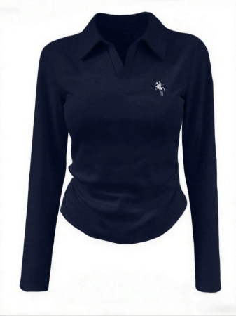 Rina Fox Ladies' Contrast Color Turndown Collar Long Sleeve Casual T-Shirt With Knight Print Fall Cloth For Women, Christmas - Image 51