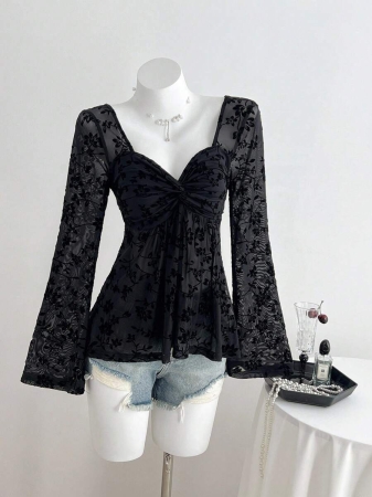 Elamini Women's Casual Twist Front V-Neck Long Sleeve T-Shirt, Versatile New Style, Spring/Autumn - Image 2