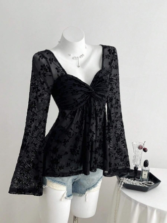 Elamini Women's Casual Twist Front V-Neck Long Sleeve T-Shirt, Versatile New Style, Spring/Autumn - Image 5