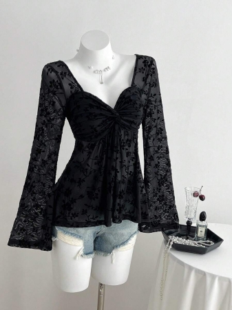 Elamini Women's Casual Twist Front V-Neck Long Sleeve T-Shirt, Versatile New Style, Spring/Autumn - Image 6