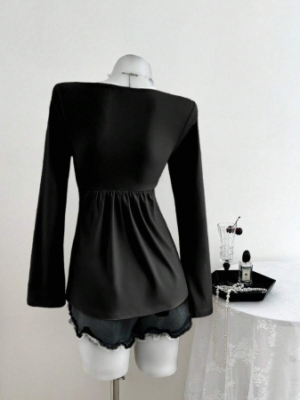 Elamini Women's Casual Twist Front V-Neck Long Sleeve T-Shirt, Versatile New Style, Spring/Autumn - Image 10