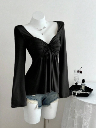 Elamini Women's Casual Twist Front V-Neck Long Sleeve T-Shirt, Versatile New Style, Spring/Autumn - Image 11