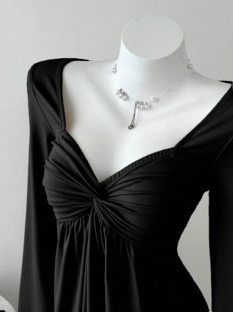 Elamini Women's Casual Twist Front V-Neck Long Sleeve T-Shirt, Versatile New Style, Spring/Autumn - Image 12