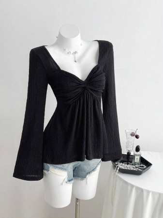 Elamini Women's Casual Twist Front V-Neck Long Sleeve T-Shirt, Versatile New Style, Spring/Autumn - Image 15