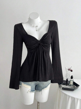 Elamini Women's Casual Twist Front V-Neck Long Sleeve T-Shirt, Versatile New Style, Spring/Autumn - Image 18