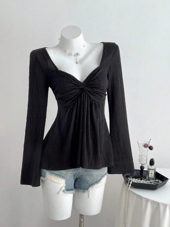 Elamini Women's Casual Twist Front V-Neck Long Sleeve T-Shirt, Versatile New Style, Spring/Autumn - Image 19