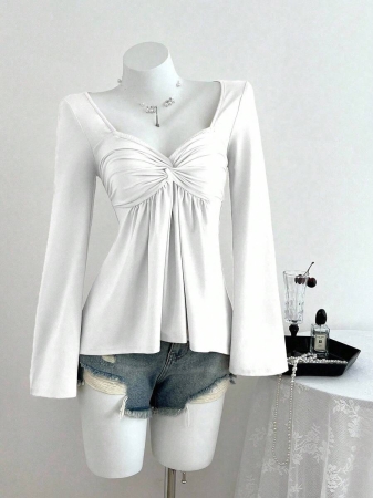 Elamini Women's Casual Twist Front V-Neck Long Sleeve T-Shirt, Versatile New Style, Spring/Autumn - Image 22