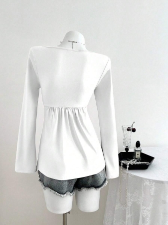 Elamini Women's Casual Twist Front V-Neck Long Sleeve T-Shirt, Versatile New Style, Spring/Autumn - Image 23