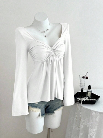 Elamini Women's Casual Twist Front V-Neck Long Sleeve T-Shirt, Versatile New Style, Spring/Autumn - Image 24