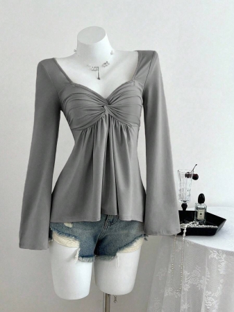 Elamini Women's Casual Twist Front V-Neck Long Sleeve T-Shirt, Versatile New Style, Spring/Autumn - Image 28