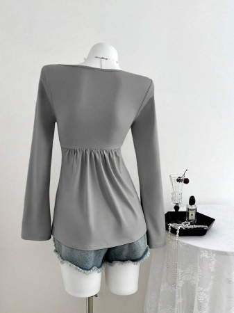 Elamini Women's Casual Twist Front V-Neck Long Sleeve T-Shirt, Versatile New Style, Spring/Autumn - Image 29