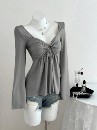 Elamini Women's Casual Twist Front V-Neck Long Sleeve T-Shirt, Versatile New Style, Spring/Autumn - Image 30