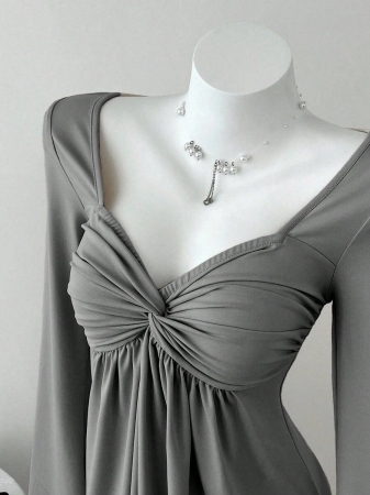 Elamini Women's Casual Twist Front V-Neck Long Sleeve T-Shirt, Versatile New Style, Spring/Autumn - Image 31