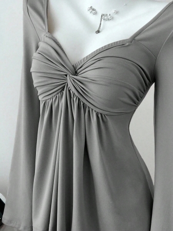 Elamini Women's Casual Twist Front V-Neck Long Sleeve T-Shirt, Versatile New Style, Spring/Autumn - Image 32