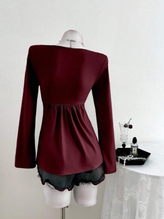 Elamini Women's Casual Twist Front V-Neck Long Sleeve T-Shirt, Versatile New Style, Spring/Autumn - Image 35