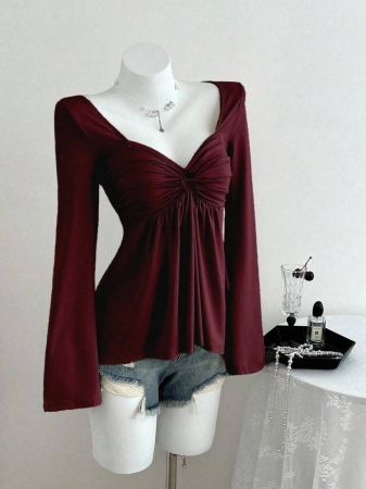 Elamini Women's Casual Twist Front V-Neck Long Sleeve T-Shirt, Versatile New Style, Spring/Autumn - Image 36