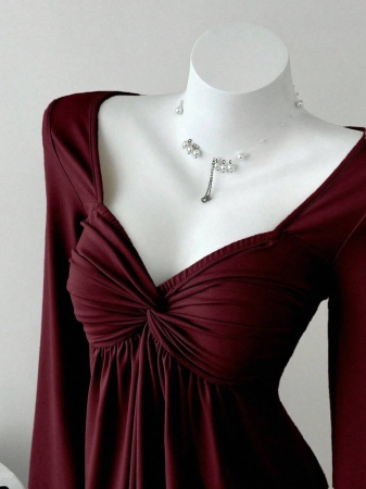 Elamini Women's Casual Twist Front V-Neck Long Sleeve T-Shirt, Versatile New Style, Spring/Autumn - Image 37