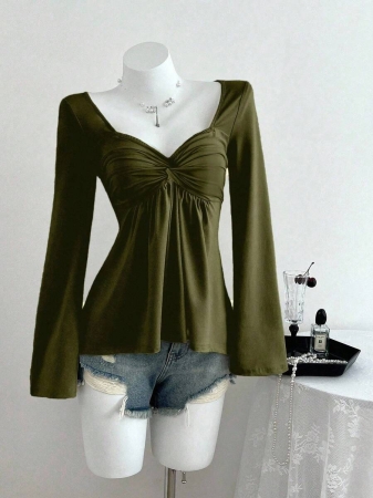 Elamini Women's Casual Twist Front V-Neck Long Sleeve T-Shirt, Versatile New Style, Spring/Autumn - Image 40