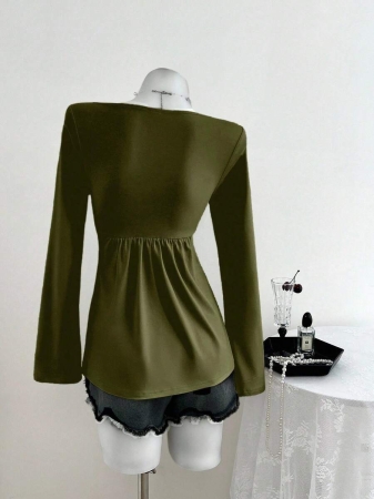 Elamini Women's Casual Twist Front V-Neck Long Sleeve T-Shirt, Versatile New Style, Spring/Autumn - Image 41