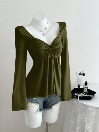 Elamini Women's Casual Twist Front V-Neck Long Sleeve T-Shirt, Versatile New Style, Spring/Autumn - Image 42