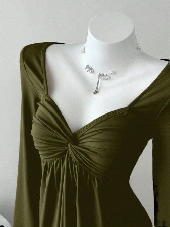 Elamini Women's Casual Twist Front V-Neck Long Sleeve T-Shirt, Versatile New Style, Spring/Autumn - Image 43