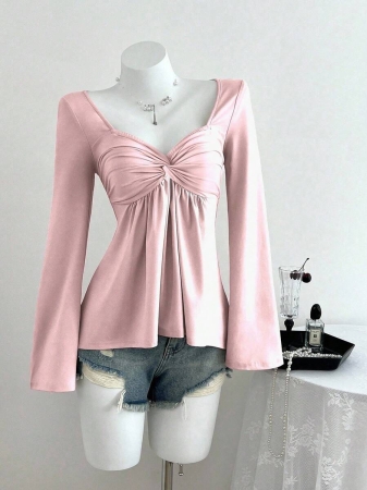 Elamini Women's Casual Twist Front V-Neck Long Sleeve T-Shirt, Versatile New Style, Spring/Autumn - Image 46