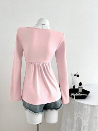 Elamini Women's Casual Twist Front V-Neck Long Sleeve T-Shirt, Versatile New Style, Spring/Autumn - Image 47