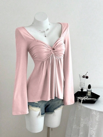 Elamini Women's Casual Twist Front V-Neck Long Sleeve T-Shirt, Versatile New Style, Spring/Autumn - Image 48