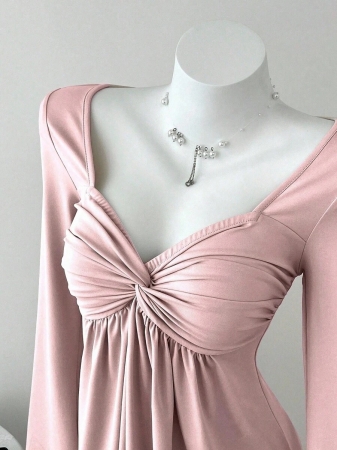 Elamini Women's Casual Twist Front V-Neck Long Sleeve T-Shirt, Versatile New Style, Spring/Autumn - Image 49