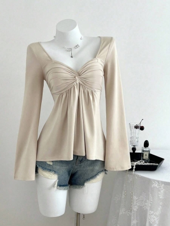 Elamini Women's Casual Twist Front V-Neck Long Sleeve T-Shirt, Versatile New Style, Spring/Autumn - Image 52