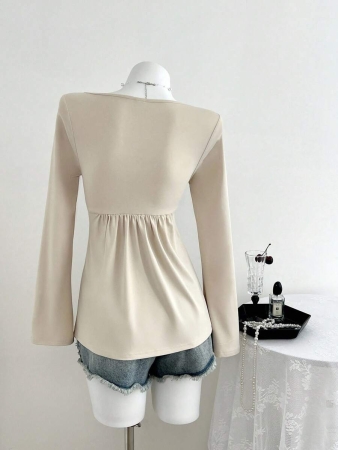 Elamini Women's Casual Twist Front V-Neck Long Sleeve T-Shirt, Versatile New Style, Spring/Autumn - Image 53