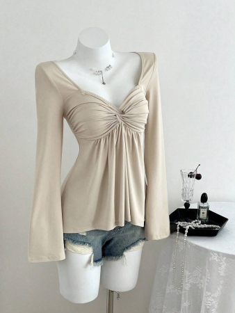 Elamini Women's Casual Twist Front V-Neck Long Sleeve T-Shirt, Versatile New Style, Spring/Autumn - Image 54