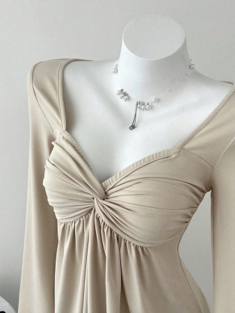 Elamini Women's Casual Twist Front V-Neck Long Sleeve T-Shirt, Versatile New Style, Spring/Autumn - Image 55