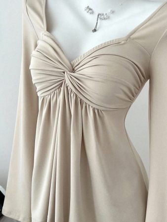 Elamini Women's Casual Twist Front V-Neck Long Sleeve T-Shirt, Versatile New Style, Spring/Autumn - Image 56