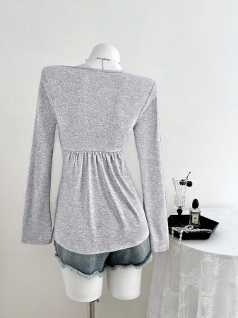 Elamini Women's Casual Twist Front V-Neck Long Sleeve T-Shirt, Versatile New Style, Spring/Autumn - Image 59