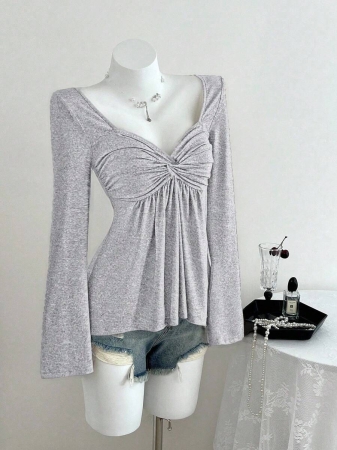 Elamini Women's Casual Twist Front V-Neck Long Sleeve T-Shirt, Versatile New Style, Spring/Autumn - Image 60