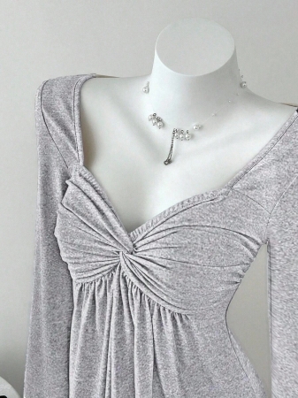 Elamini Women's Casual Twist Front V-Neck Long Sleeve T-Shirt, Versatile New Style, Spring/Autumn - Image 61