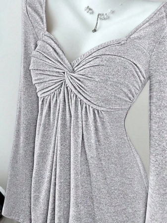 Elamini Women's Casual Twist Front V-Neck Long Sleeve T-Shirt, Versatile New Style, Spring/Autumn - Image 62