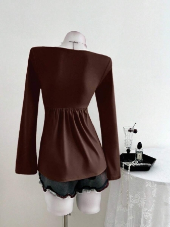 Elamini Women's Casual Twist Front V-Neck Long Sleeve T-Shirt, Versatile New Style, Spring/Autumn - Image 65