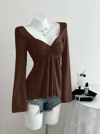 Elamini Women's Casual Twist Front V-Neck Long Sleeve T-Shirt, Versatile New Style, Spring/Autumn - Image 66