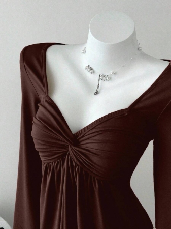 Elamini Women's Casual Twist Front V-Neck Long Sleeve T-Shirt, Versatile New Style, Spring/Autumn - Image 67